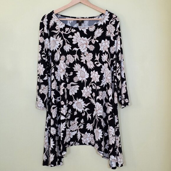 JM Collection Tunic Women 2X Black Beige Floral 3/4 Sleeve Shark Bite Whimsigoth - Picture 14 of 15